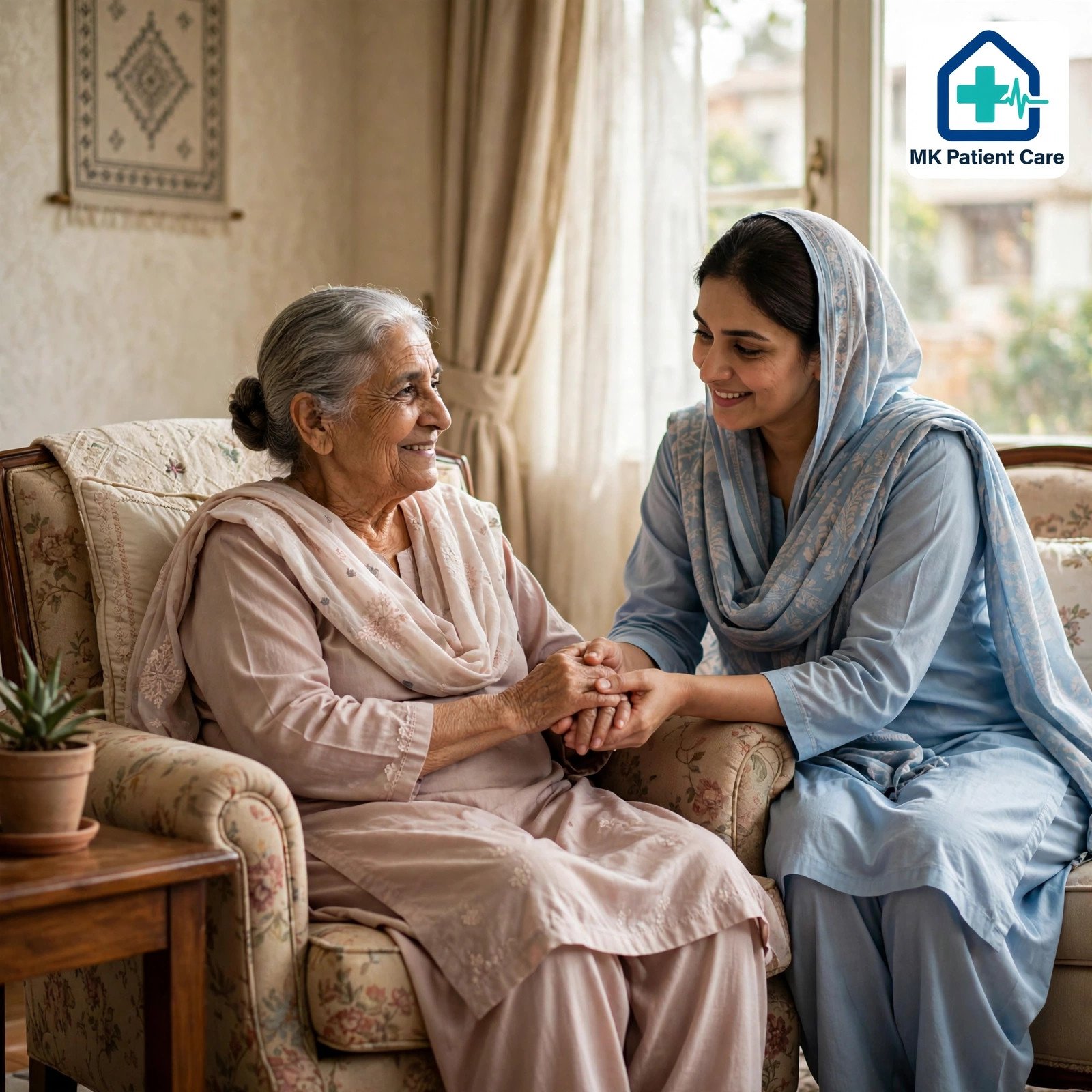 Caregiver providing elderly care at home — MK Patient Care Multan